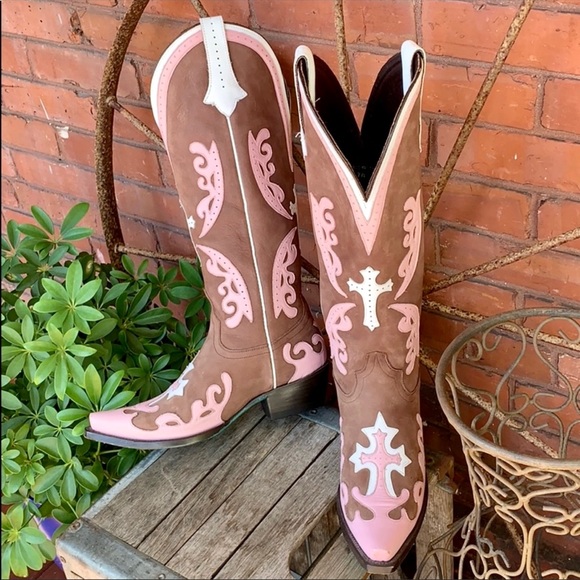 LANE Grace Cross Tall Brown Pink White Leather Cowboy Western Boots, Size 7.5 - Picture 4 of 13